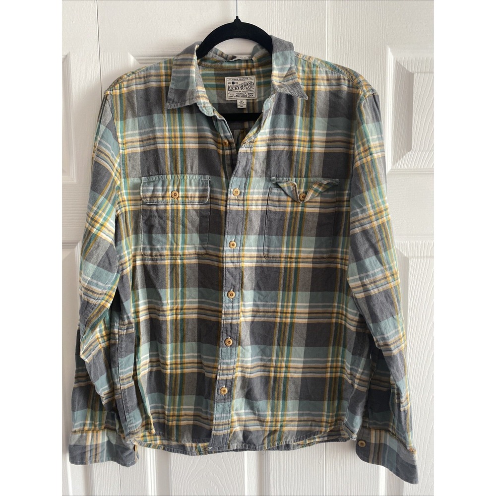 Lucky Brand Untucked Fit Plaid Flannel Mens Size M Grey Teal Yellow Cotton Shirt